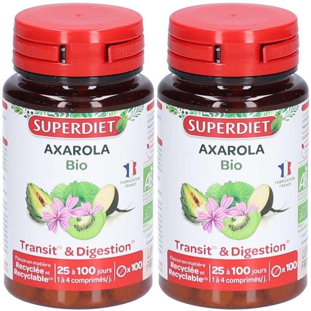 Deux flacons bruns à bouchon rouge. Inscription: SUPERDIET, AXAROLA Bio, Transit & Digestion. Certification française.