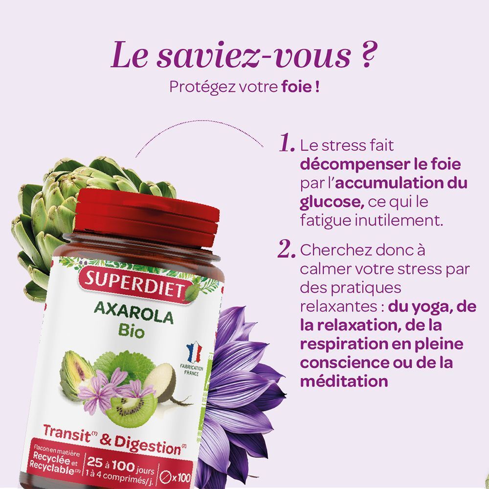 Flacon Superdiet Axarola Bio à côté d'illustrations relatives à la santé du foie et à la gestion du stress.