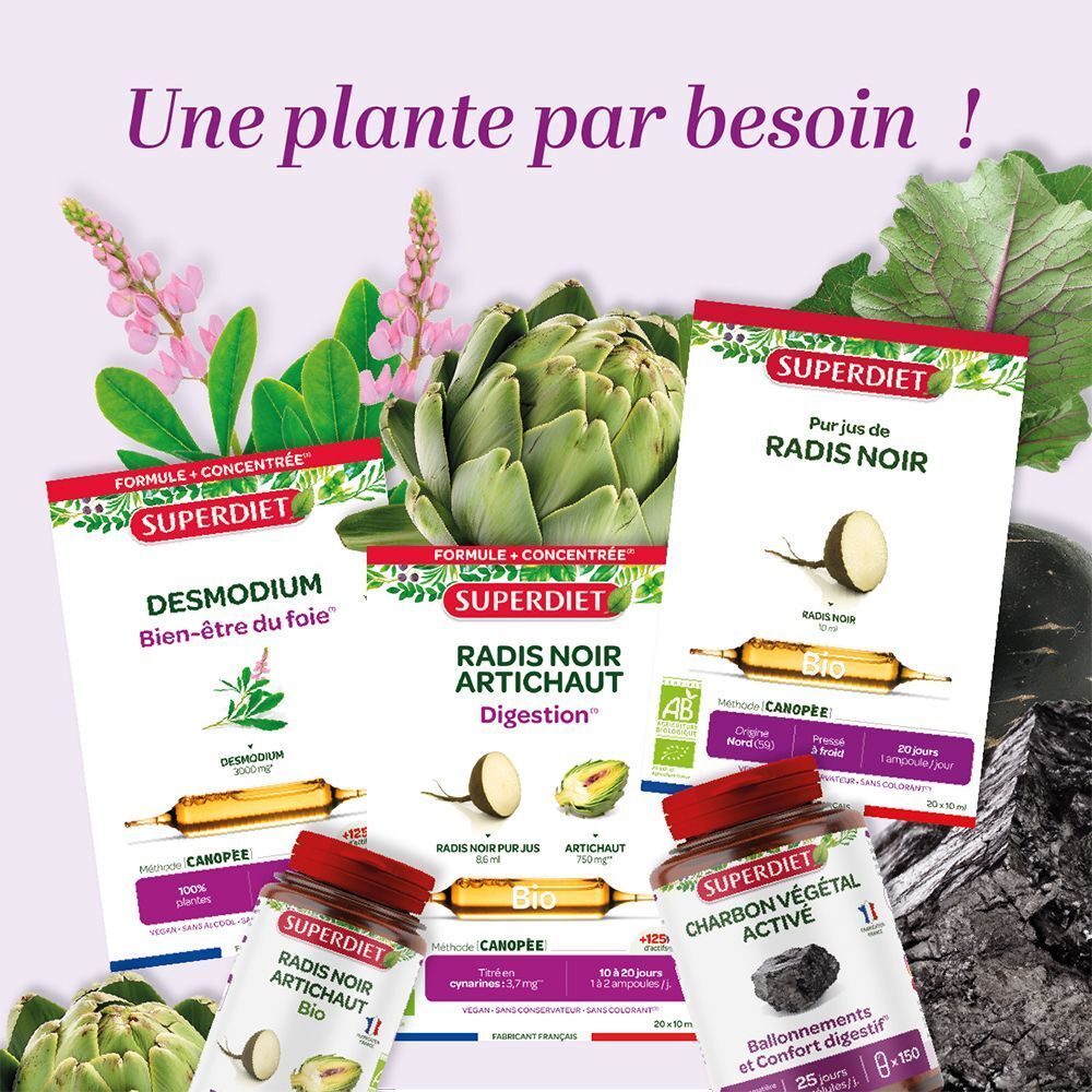 Plusieurs produits Superdiet, dont Axarola Bio, Radis Noir et Charbon Végétal Active.