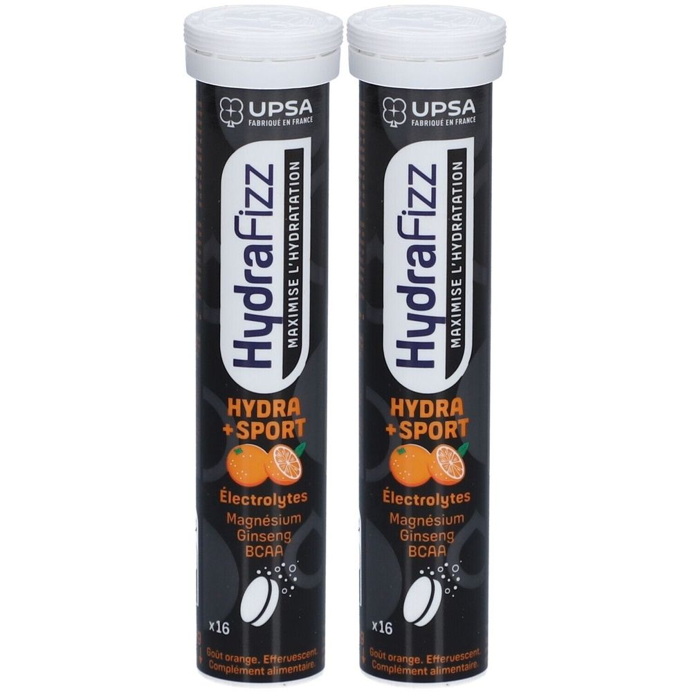Deux tubes cylindriques blancs. Inscription HydraFizz, Hydra + Sport, Electrolytes, Magnésium, Ginseng, BCAA. x16.