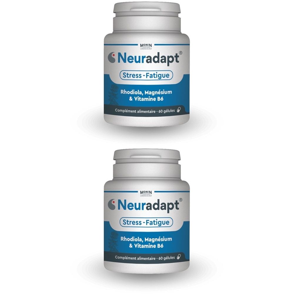 Deux flacons blancs avec étiquettes bleues. Inscription : Neuradapt, Stress-Fatigue, Rhodiola, Magnésium & Vitamine B6. Complément alimentaire.
