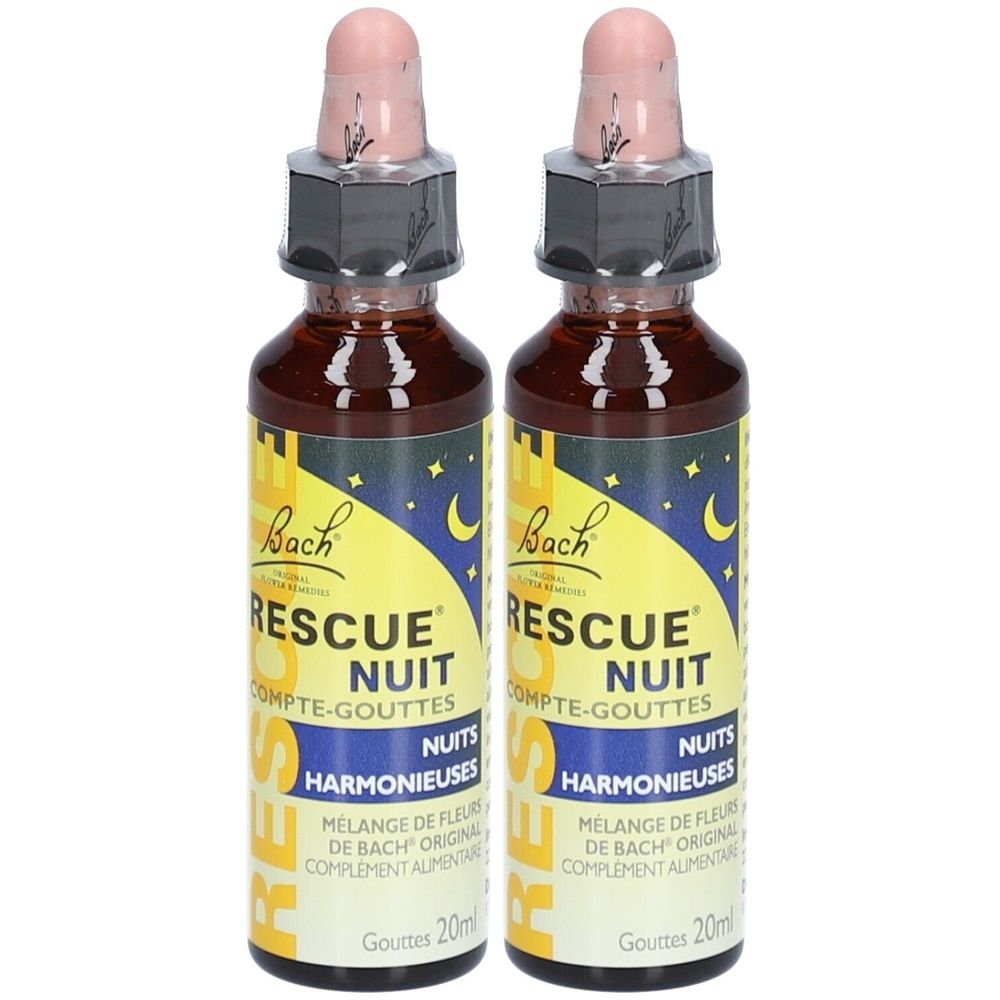 Deux flacons compte-gouttes. Inscription: Bach Rescue Nuit. Liquide brun dans des flacons en verre avec bouchon rose.
