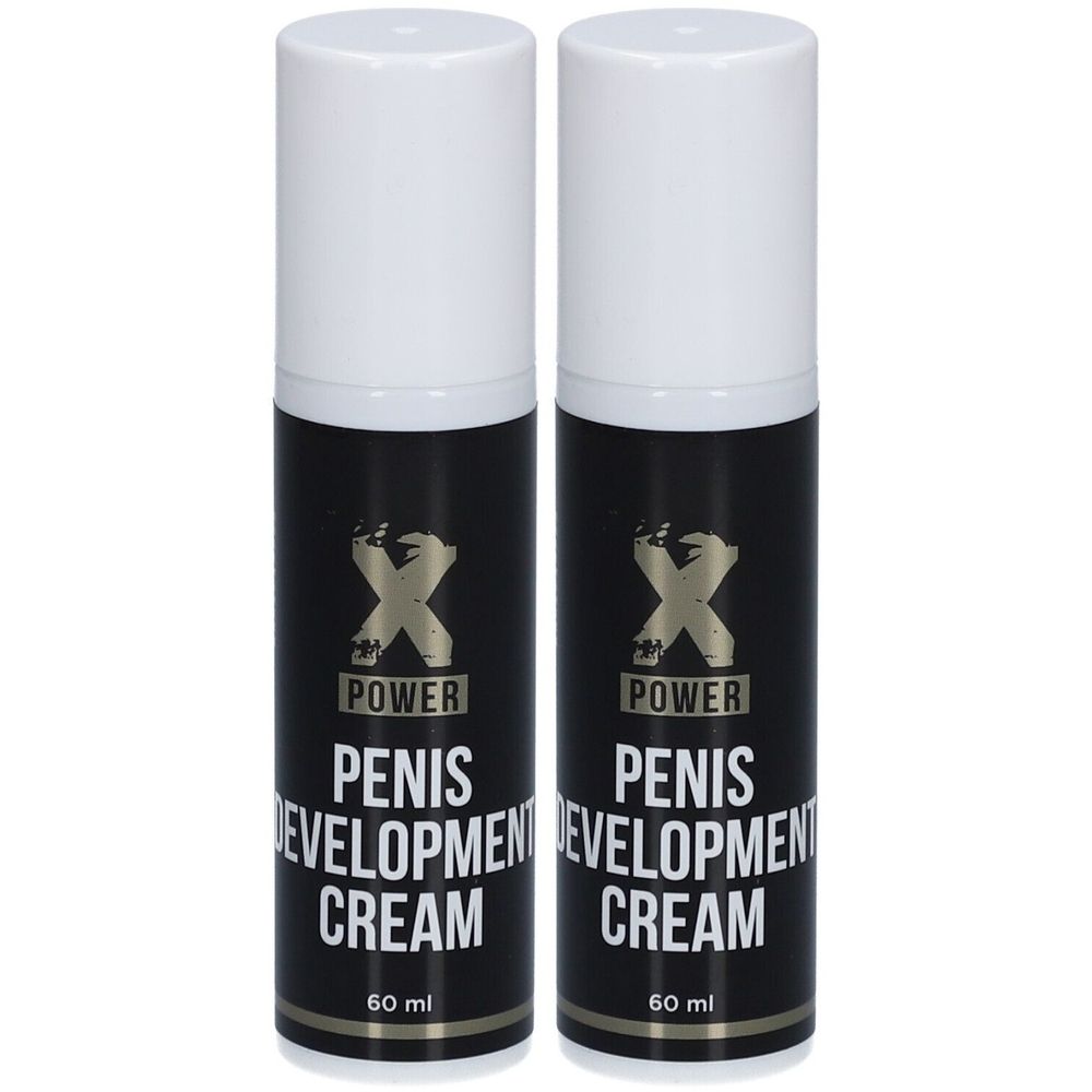 Deux flacons cylindriques à bouchon blanc. Étiquettes noires avec logo doré et texte: PENIS DEVELOPMENT CREAM. En bas: 60 ml.