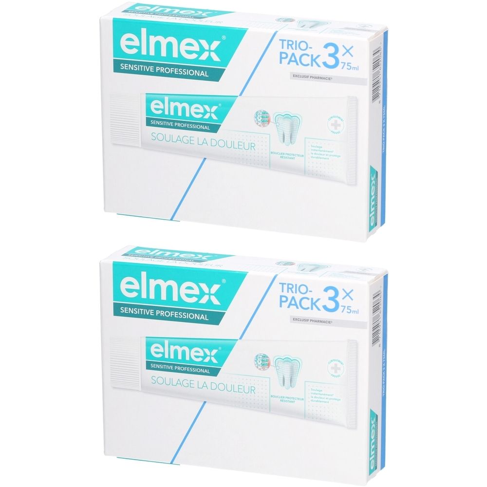 Deux boîtes de dentifrice. Inscription: elmex Sensitive Professional. Trio-Pack avec 3 tubes.