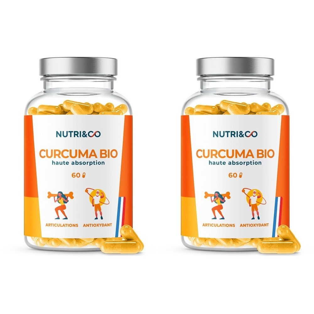 Deux flacons en verre de gélules. Inscription : NUTRI&CO Curcuma BIO, 60 gélules. Étiquette orange avec illustrations et texte.