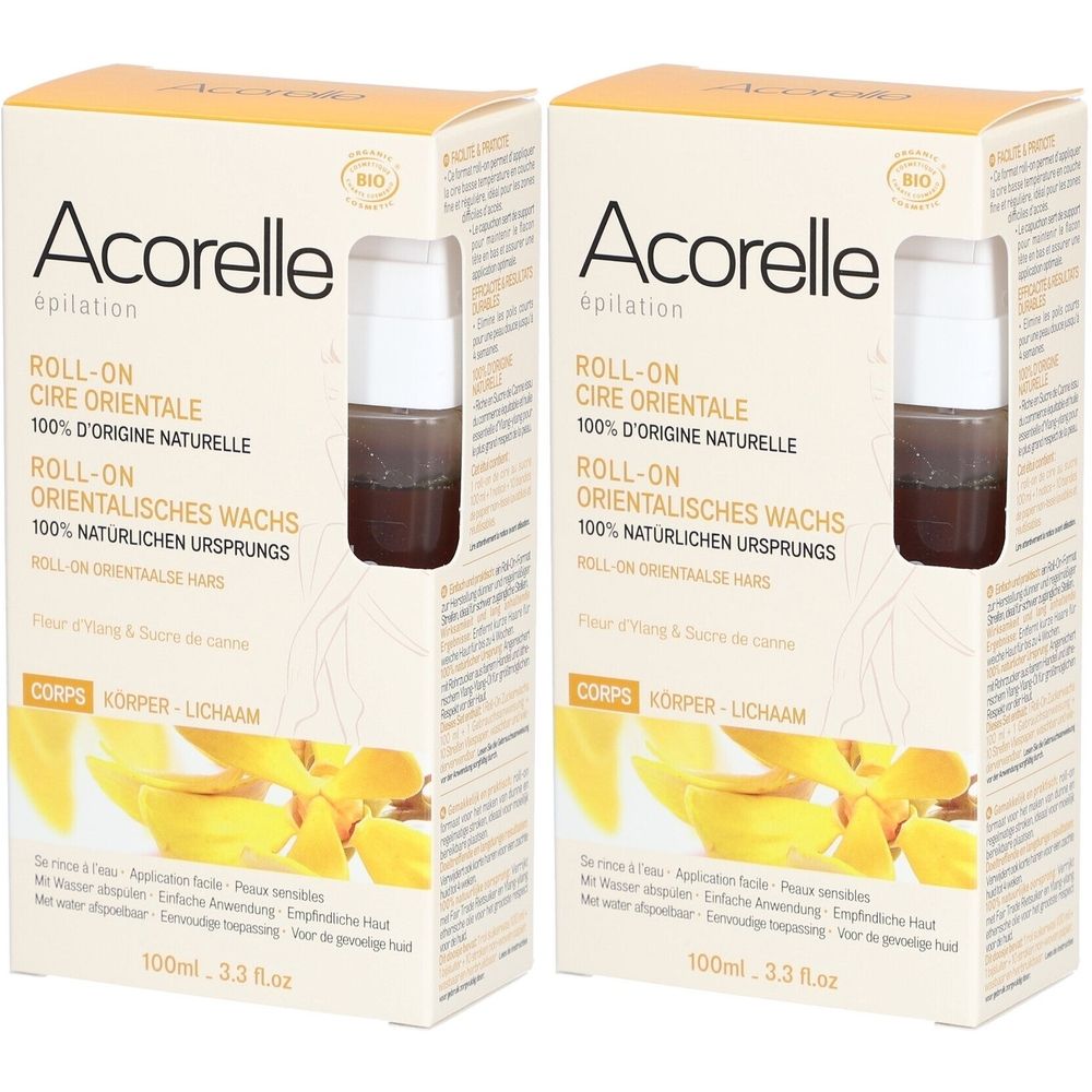 Deux boîtes de Acorelle Roll-On Cire Orientale. Inscription : 100% d'origine naturelle. Avec applicateur roll-on.