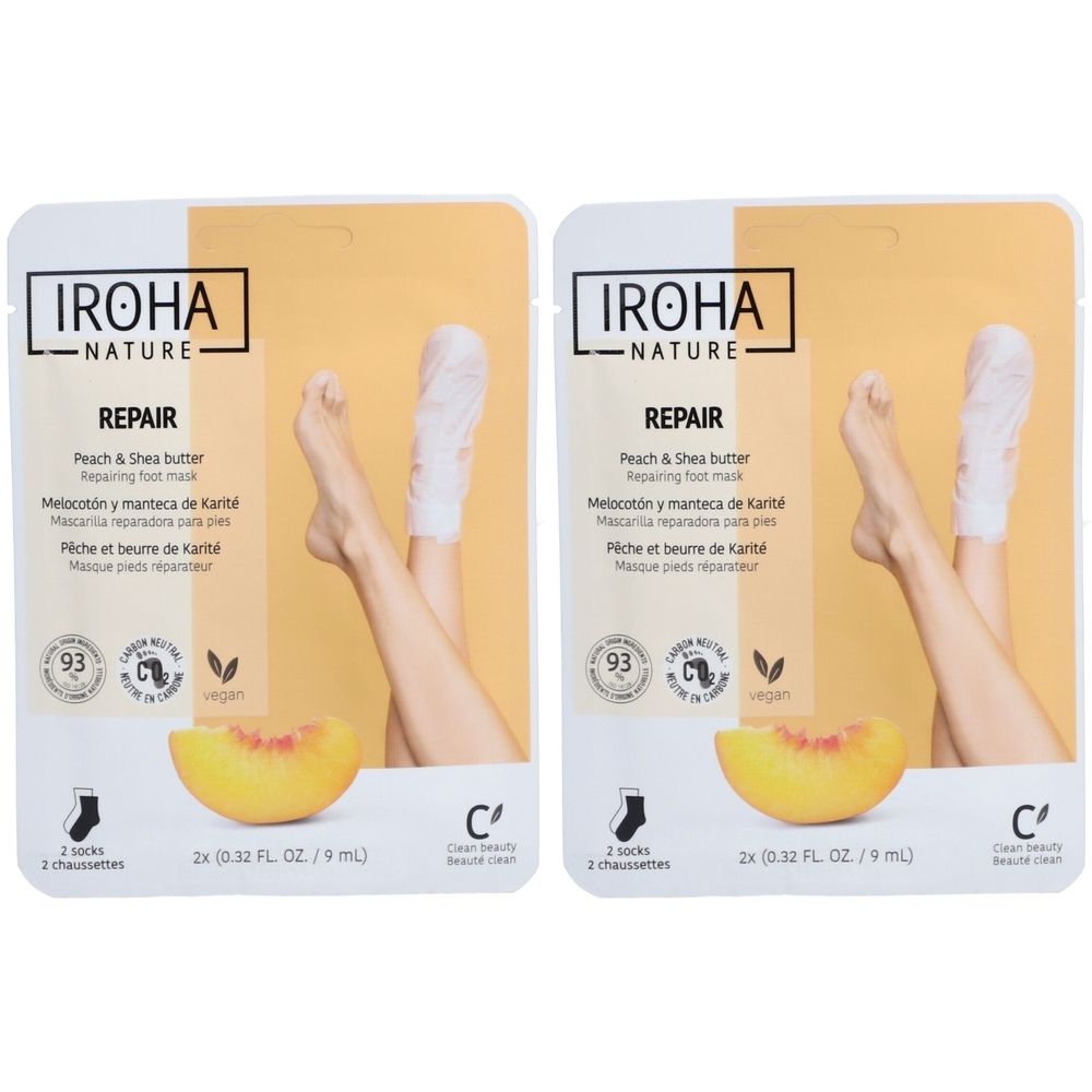 Deux emballages de masque pour les pieds IROHA NATURE. Inscription: REPAIR, Pêche & Beurre de Karité. Illustration de pieds avec chaussettes et moitié de pêche.
