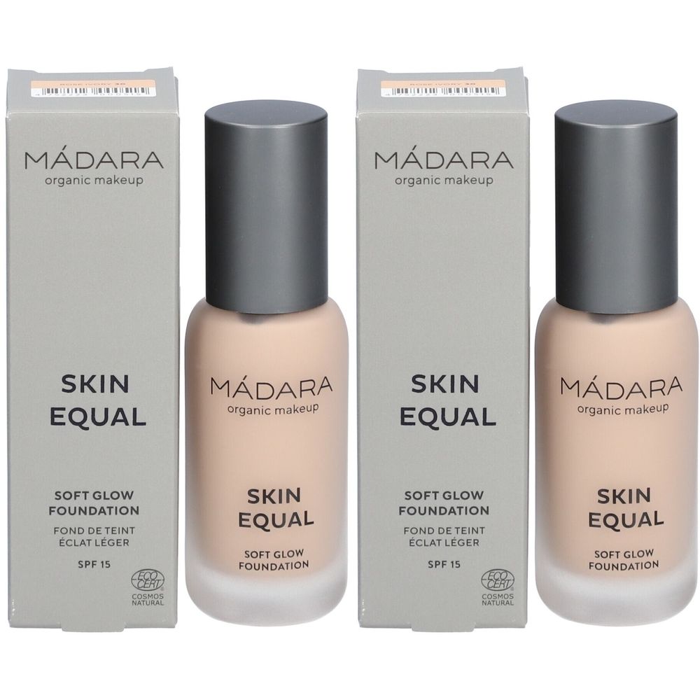 Trois flacons et deux boîtes. Inscription : MÁDARA, SKIN EQUAL, SOFT GLOW FOUNDATION, SPF 15. Certification.