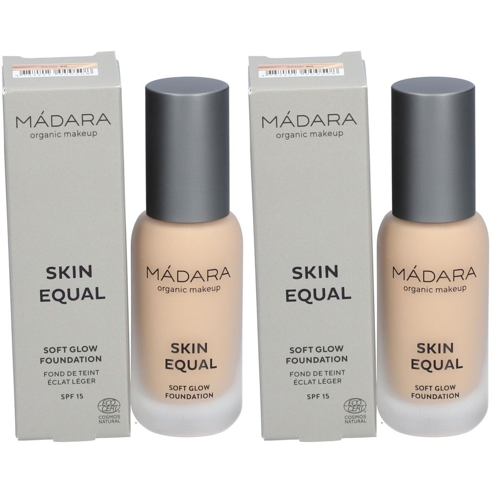 Trois flacons et emballages de fond de teint MADARA Skin Equal. Flacons avec bouchon, liquide clair. Emballages avec texte.