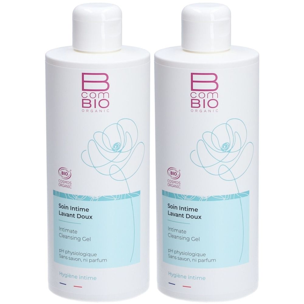Deux flacons de gel lavant intime. Blanc, cylindrique, bouchon blanc. Inscription: BcomBIO, Soin Intime, pH physiologique.