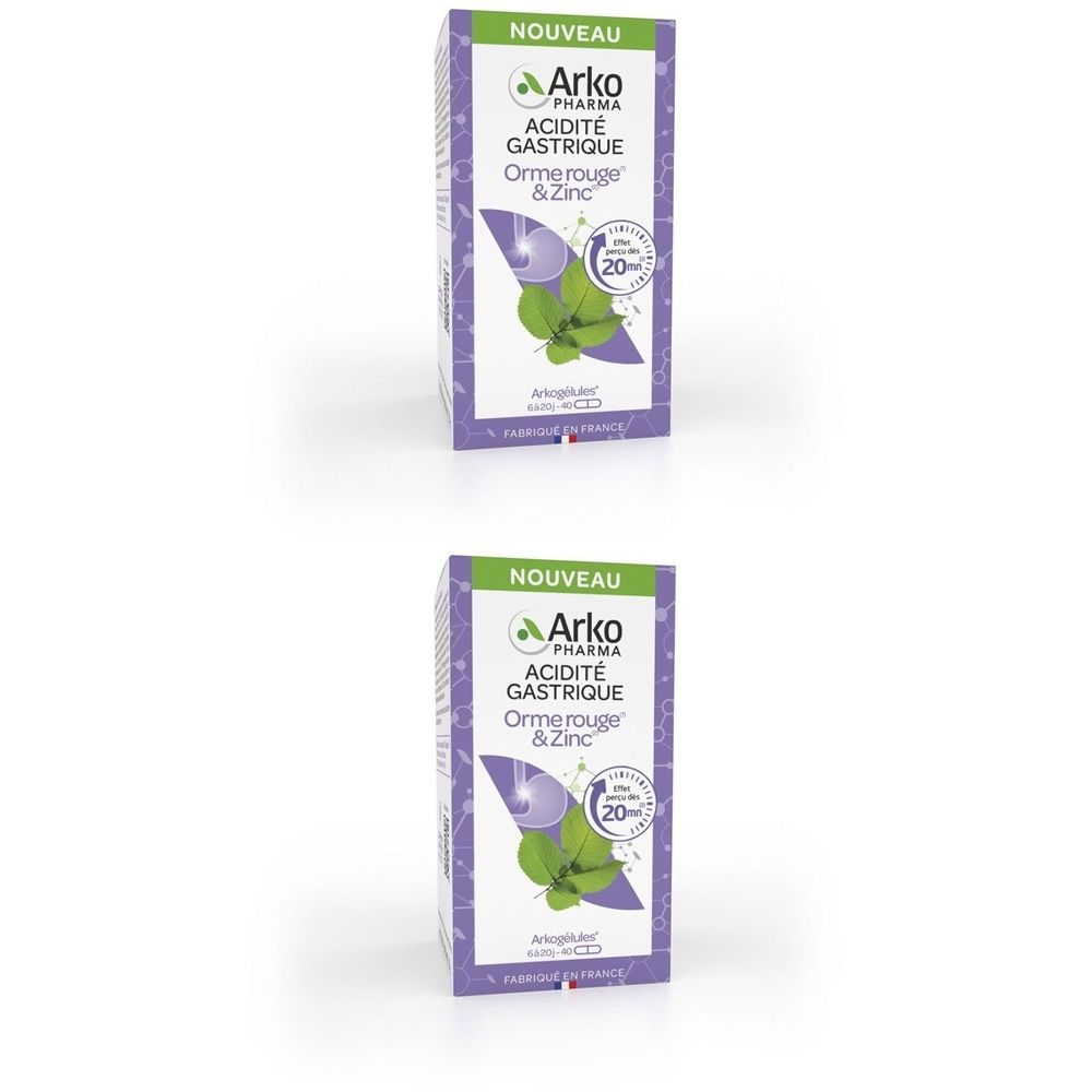 Deux boîtes "Arko Pharma Acidité Gastrique Orme rouge & Zinc". Emballage vert et violet avec logo et informations produit.