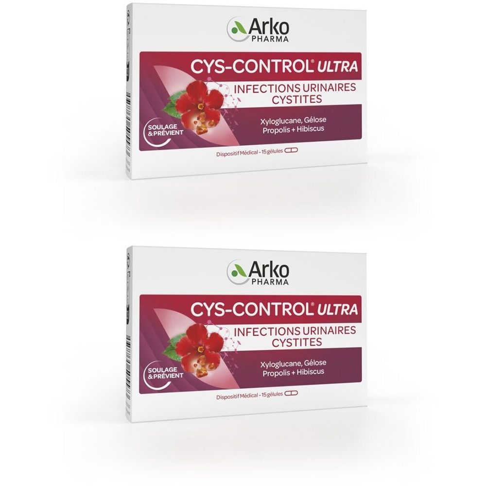 Deux boîtes de "CYS-CONTROL ULTRA". Inscriptions : "INFECTIONS URINAIRES CYSTITES". Marque : Arko Pharma.