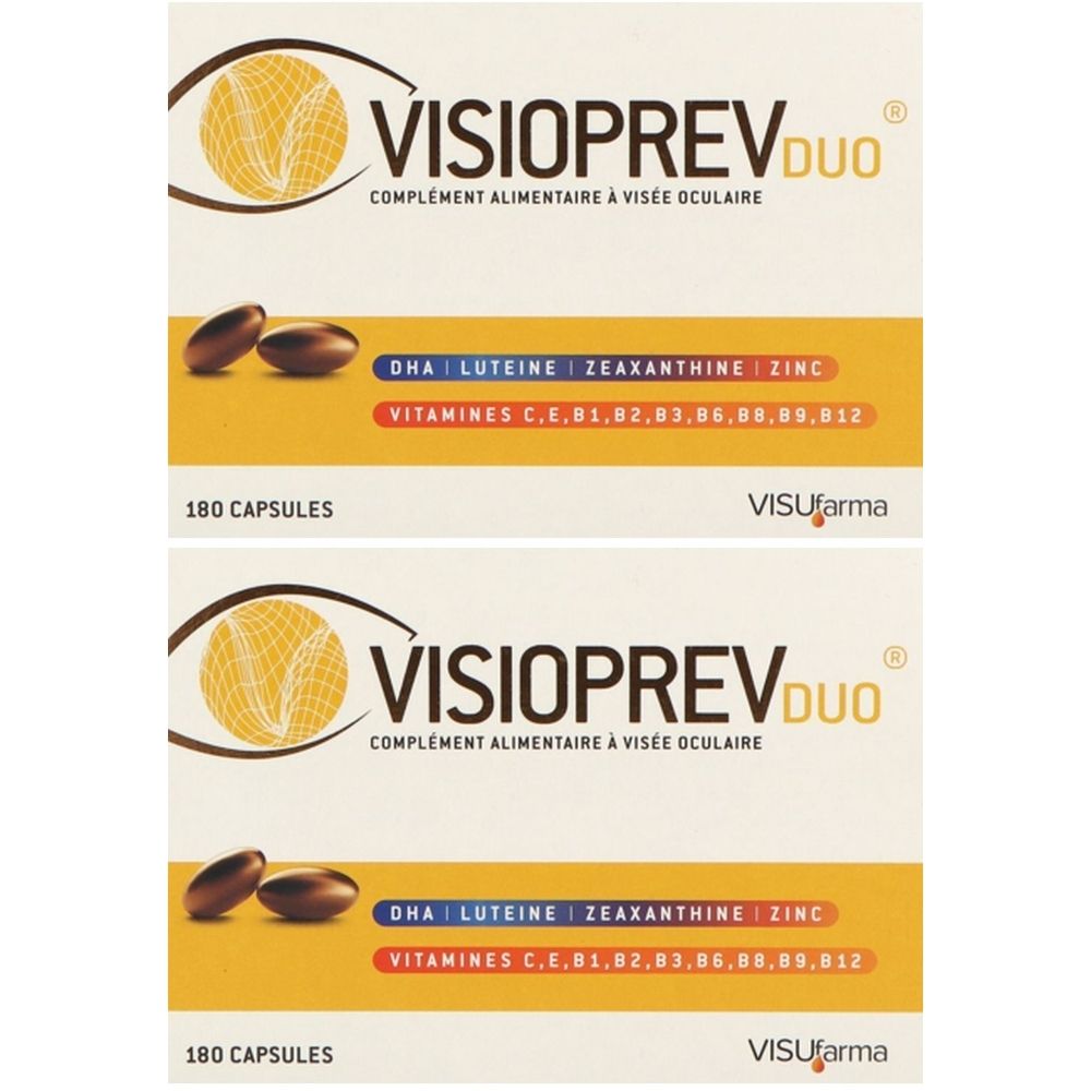Deux boîtes de Visioprev Duo. Inscription : Complément alimentaire pour les yeux. Contient DHA, lutéine, zéaxanthine, zinc et vitamines. 180 gélules.