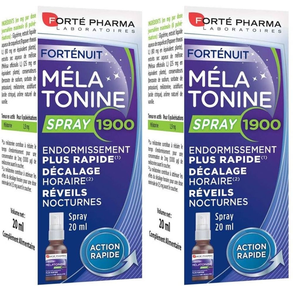 Deux boîtes de Forté Pharma Spray Mélatonine 1900 Nuit. Emballage violet et blanc avec nom du produit et flacon spray. 20 ml.