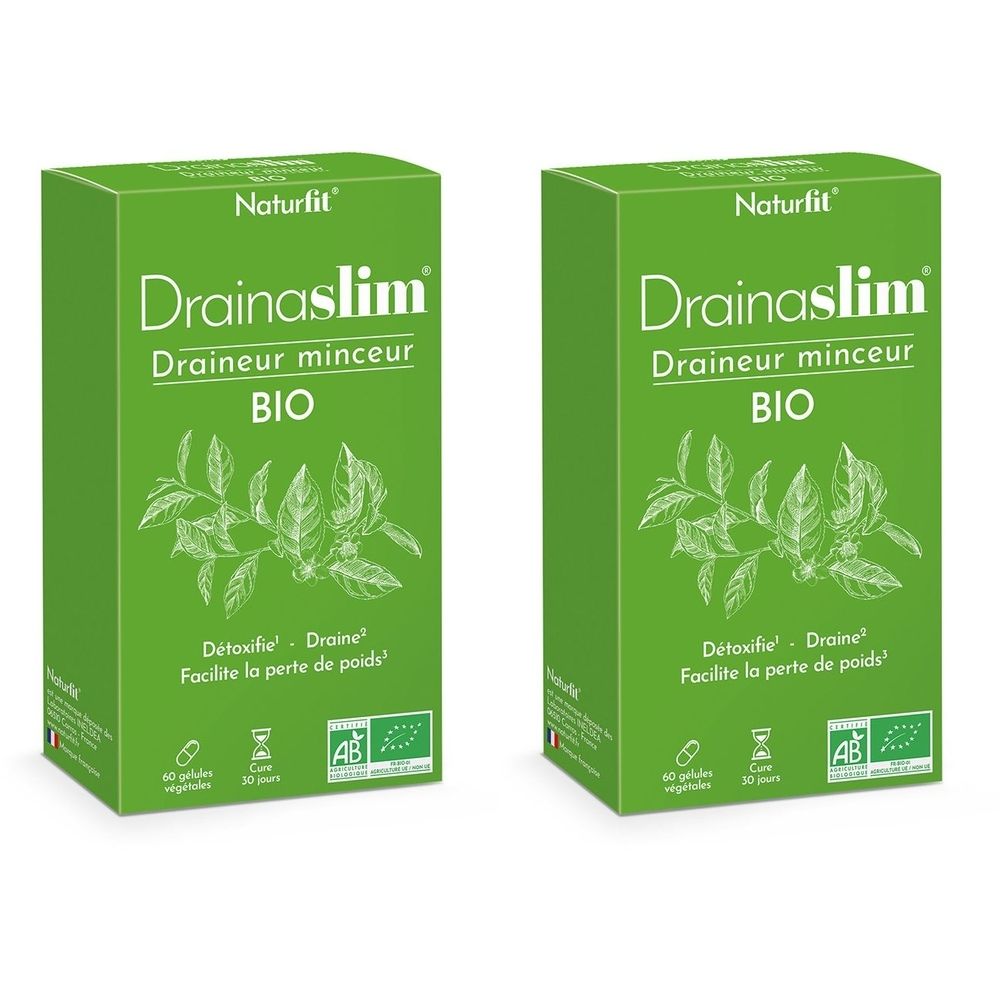 Deux boîtes vertes "Naturfit Drainaslim BIO". Contient 60 gélules. Certification AB.