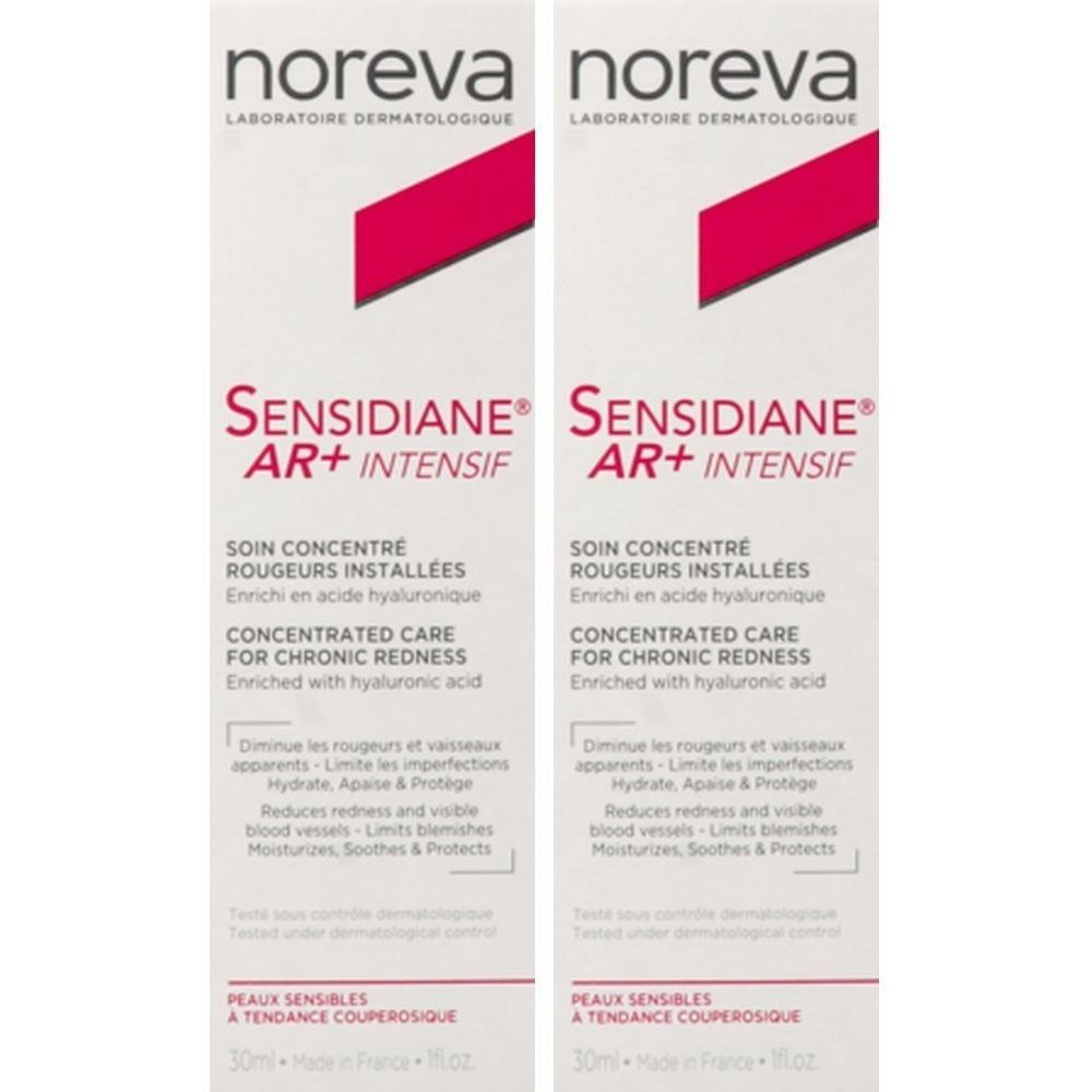 Deux tubes Sensidiane AR+ Intensif. Blanc avec accent rouge. Texte: Concentrated Care for Chronic Redness. 30ml.