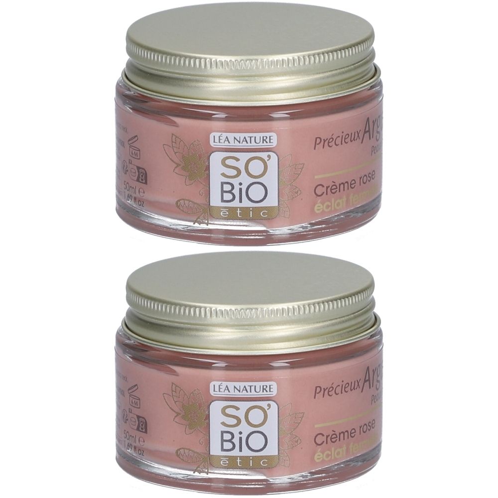 Deux pots de crème avec couvercles. Inscription: SO BIO etic, Crème rose éclat. Récipients en verre, couvercles argentés.