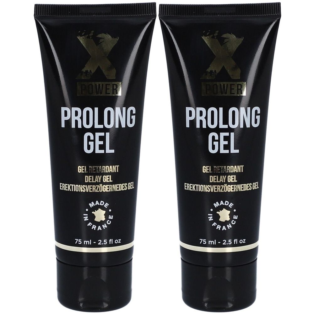 Deux tubes noirs avec texte blanc. Inscription "XPOWER PROLONG GEL". Texte en dessous : "GEL RETARDANT". Fabriqué en France. Contenance 75 ml.