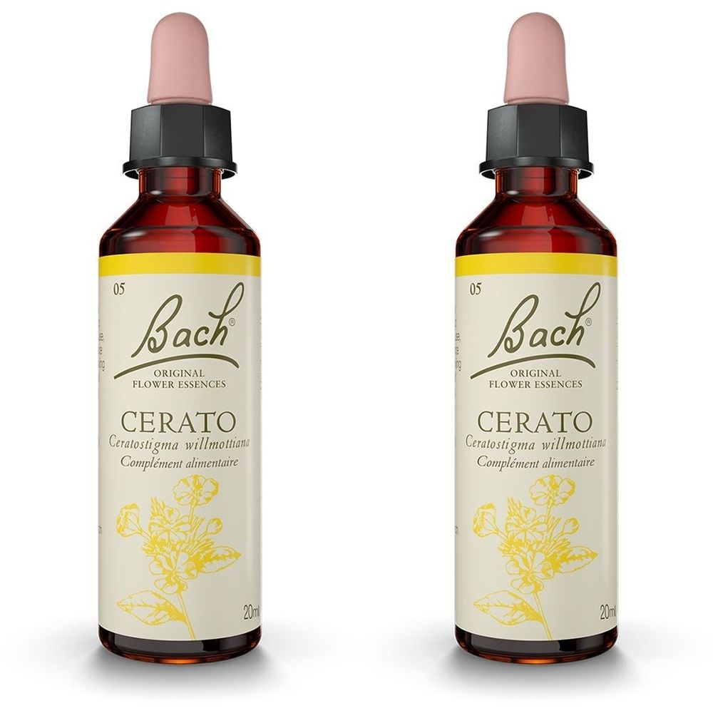 Deux flacons en verre brun avec pipette rose et bouchon noir. Inscription : Bach Original Flower Essences Cerato.