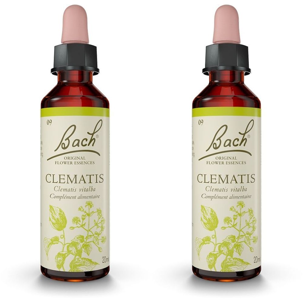 Deux flacons en verre brun avec pipette rose. Étiquette avec "Bach Original Flower Essences CLEMATIS".