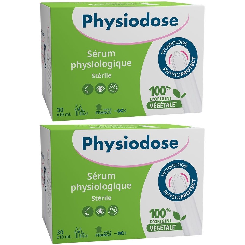 Deux boîtes de produit. Inscription: Physiodose, Sérum physiologique, Stérile. Logo et texte: 100% d'origine végétale. 30 x 10 ml.