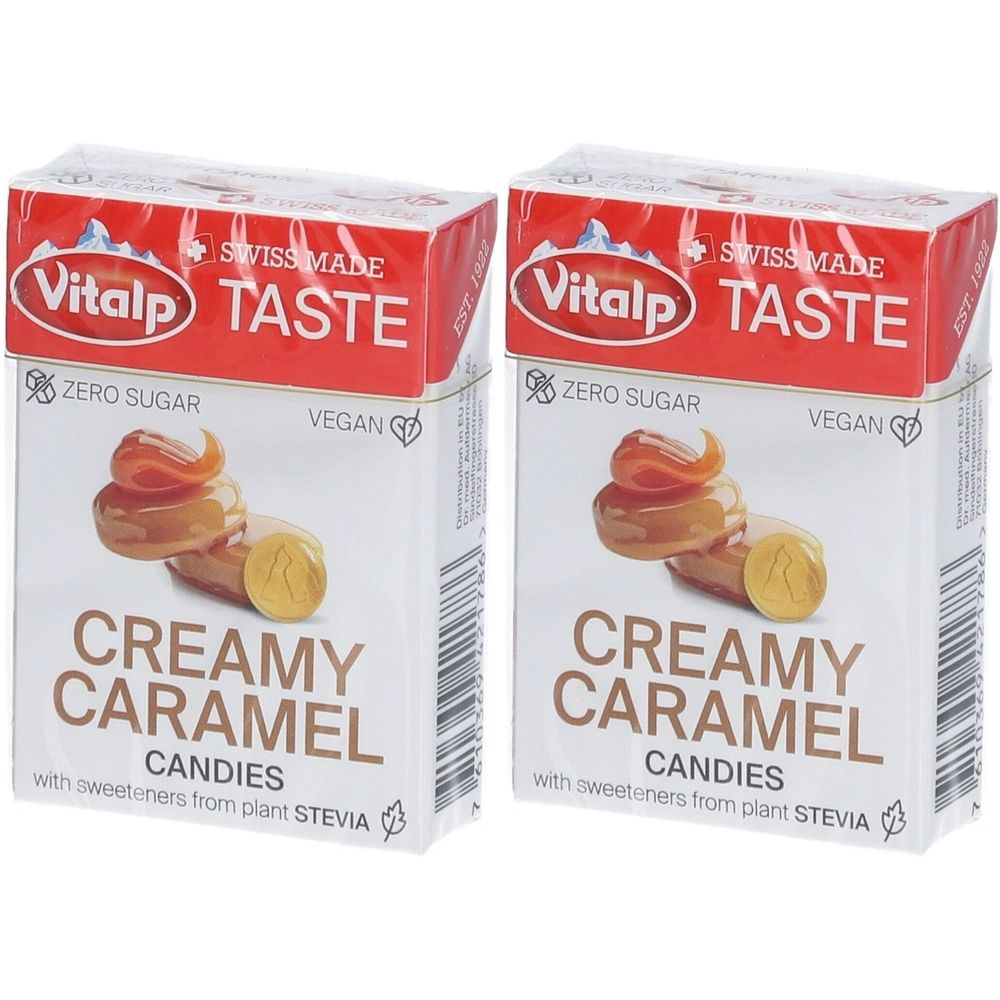 Deux boîtes de bonbons VITALP. Inscription : Creamy Caramel, Zero Sugar, Vegan. Swiss Made. Image de bonbons au caramel.