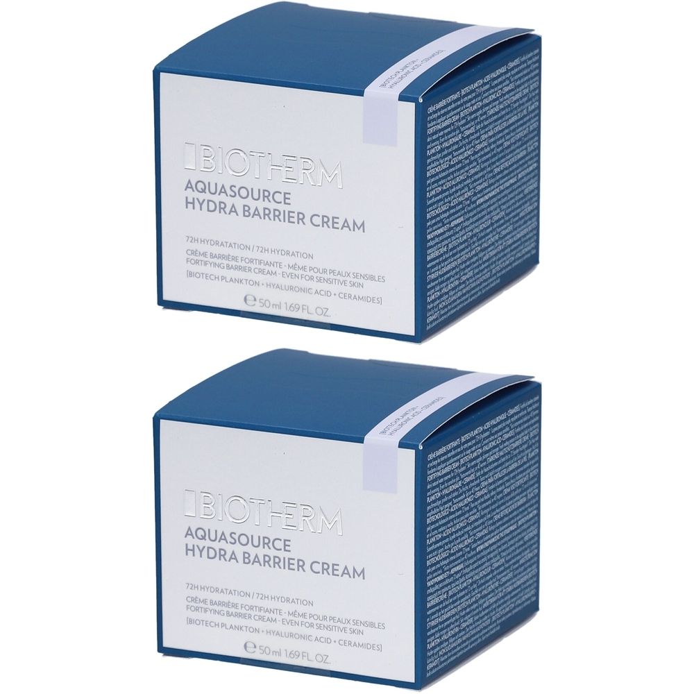 Deux boîtes bleues. Inscription: Biotherm Aquasource Hydra Barrier Cream. Texte et logo blancs. Bandes adhésives blanches.