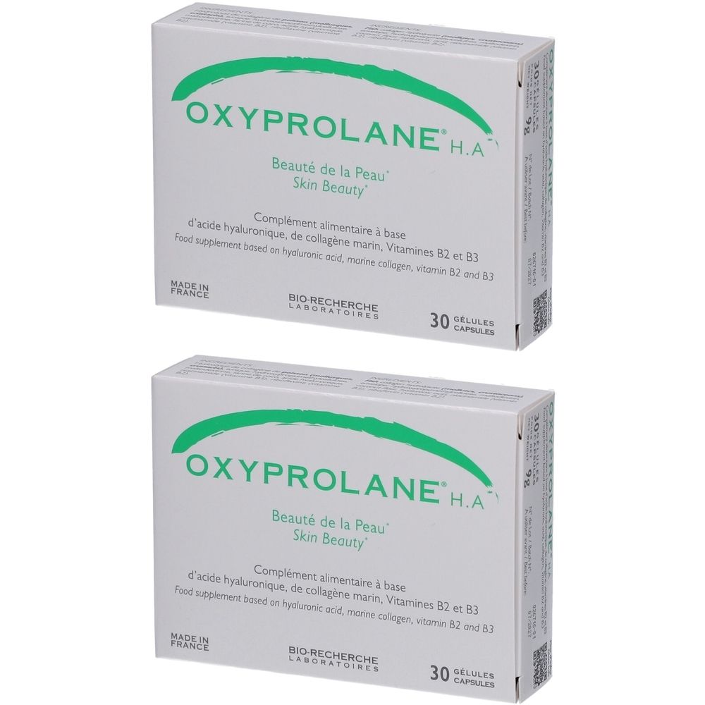 Deux boîtes blanches avec logo « OXYPROLANE H.A. ». Texte : « Beauté de la Peau Skin Beauty ». 30 gélules. Fabriqué en France.