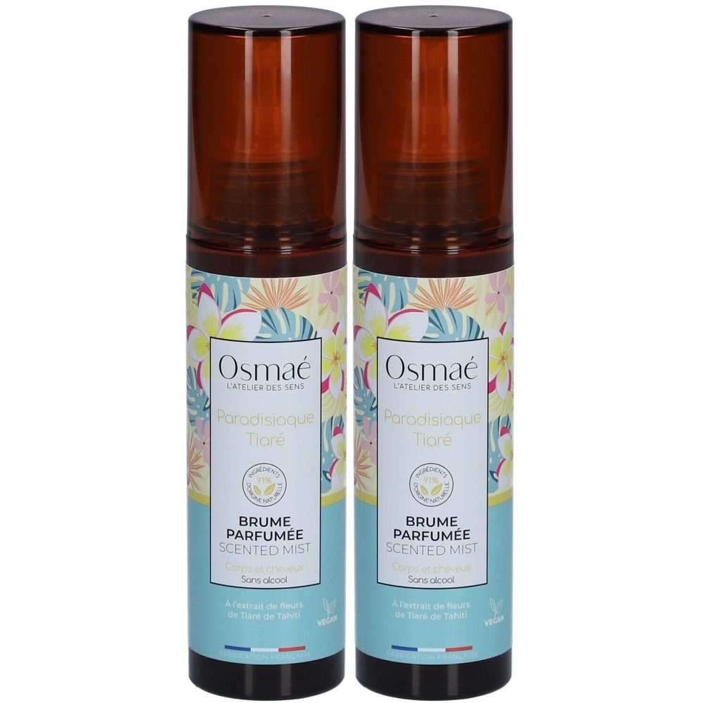 Deux flacons avec bouchons marron. Inscription: OSMAE, Paradisiaque Tiaré, Brume Parfumée, Scented Mist. Label vegan.