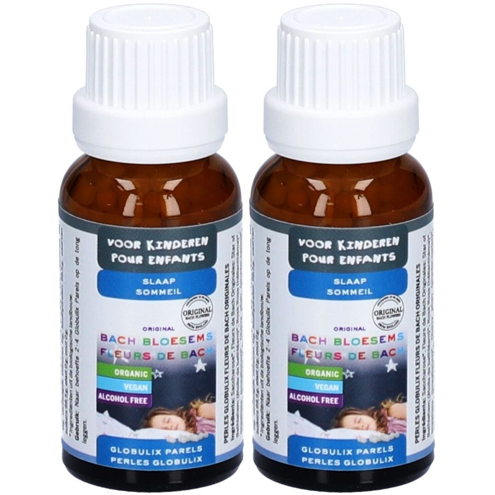 Deux flacons en verre brun avec bouchons blancs. Les étiquettes indiquent 'VOOR KINDEREN POUR ENFANTS' et 'SLAAP SOMMEIL'.