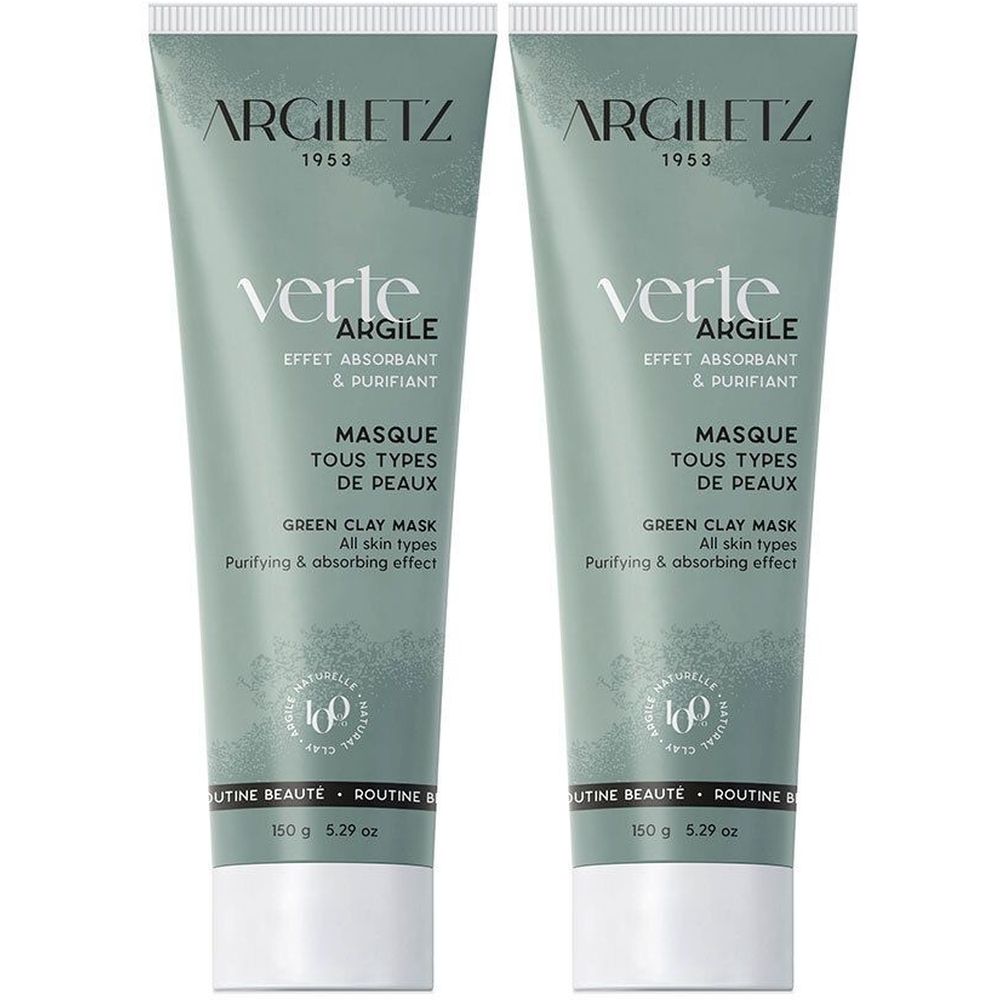 Deux tubes de masque Argiletz à l'argile verte. Tubes vert clair avec texte blanc. Inscription : Argile, Masque, Tous types de peaux.