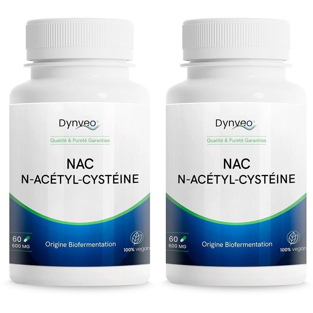 Deux flacons blancs avec bouchon à vis. Inscription: Dynveo, NAC N-Acétyl-Cystéine. 60 gélules, 600 mg. Origine Biofermentation. 100% végétal.