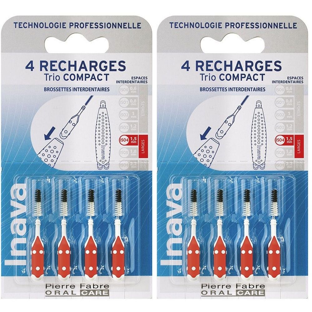 Deux paquets de recharges Inava Trio Compact. Chaque paquet contient 4 brosses interdentaires à manche rouge et brins noirs.