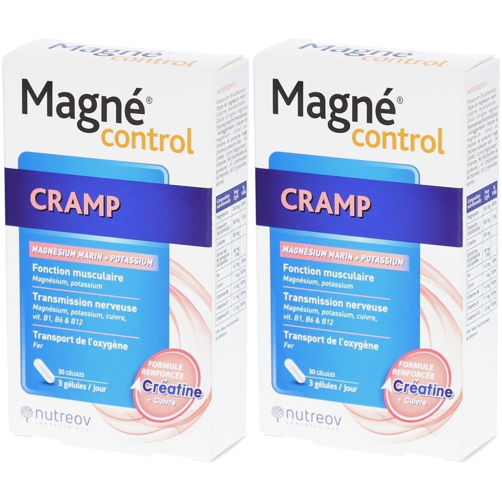 Deux boîtes blanches avec informations produit. Inscription: Magné control, CRAMP. Éléments bleus et roses. Marque: Nutreov.