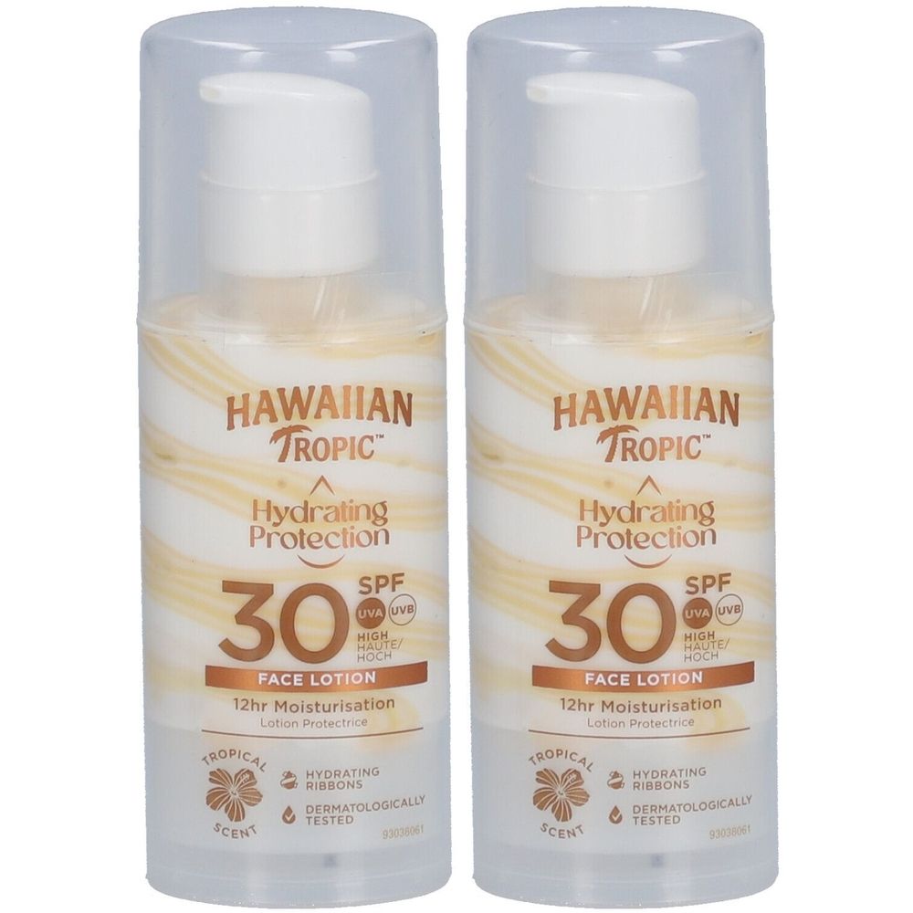 Deux flacons de lotion visage Hawaiian Tropic SPF 30. Flacons blancs avec motifs vagues marron et bouchons transparents. Texte : Hydrating Protection.