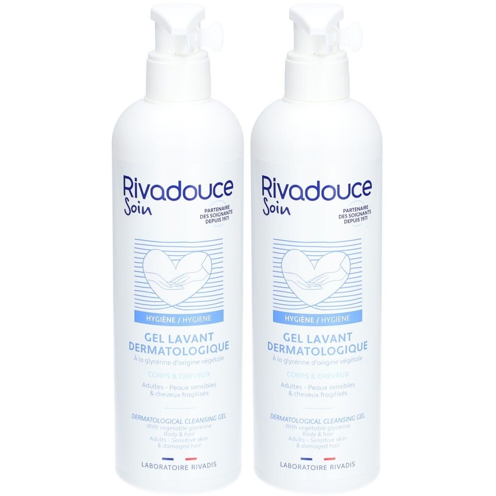 Deux flacons blancs avec pompe. Inscription: Rivadouce Soin, Gel Lavant Dermatologique. Drapeau français en bas.