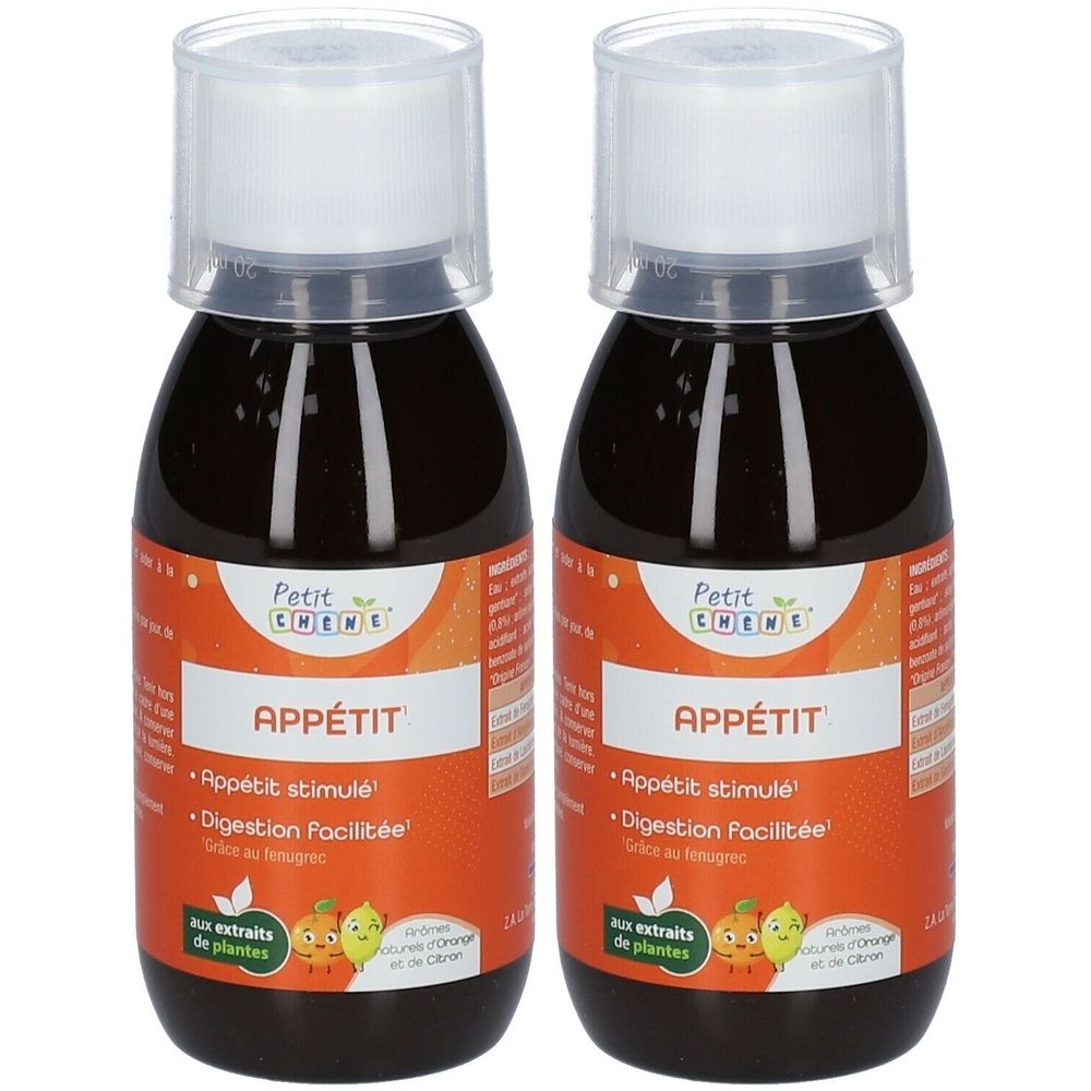 Deux flacons de liquide brun. Inscription APPÉTIT. Bouchon blanc, étiquette orange. Contient des extraits de plantes.