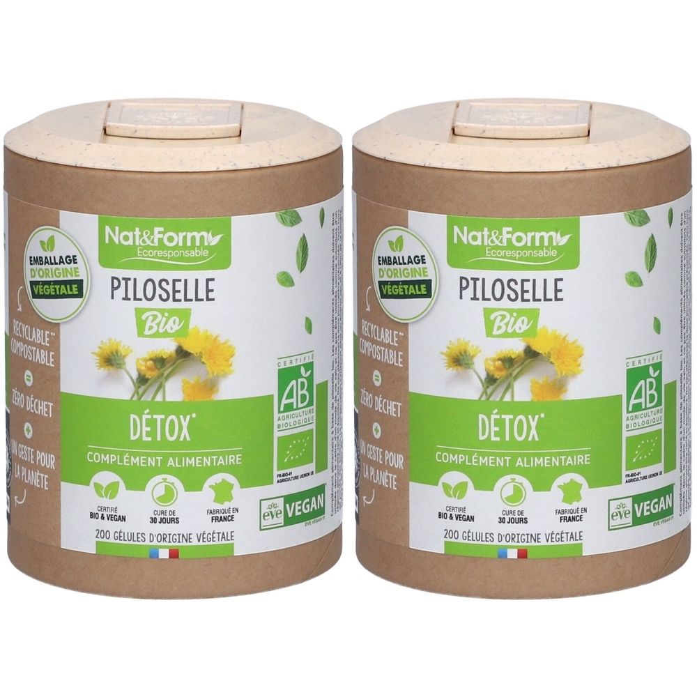 Deux boîtes cylindriques avec couvercle. Inscription: Nat&Form Piloselle Bio Détox. Vegan, label AB. 200 gélules d'origine végétale.
