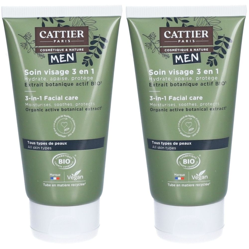 Deux tubes verts avec bouchons blancs. Inscription: CATTIER PARIS, MEN, Soin visage 3 en 1, BIO. Label Vegan.