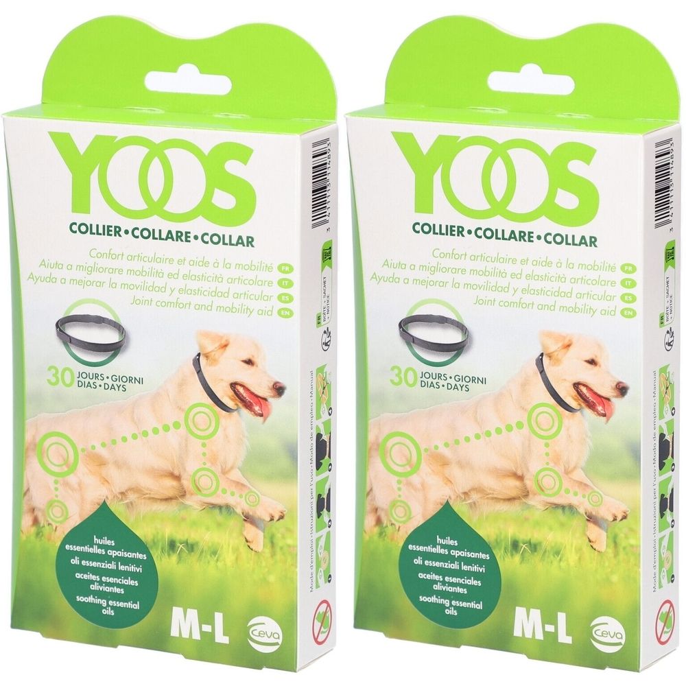 Deux boîtes YOOS. Collier pour chien. Illustration d'un chien portant un collier. Taille M-L. 30 jours.