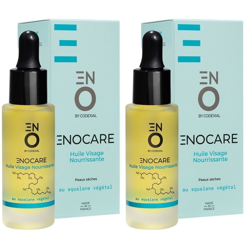 Deux flacons d'huile pour le visage avec bouchon noir et pipette. Inscription : ENO Enocare, Huile Visage Nourrissante, pour peaux sèches.