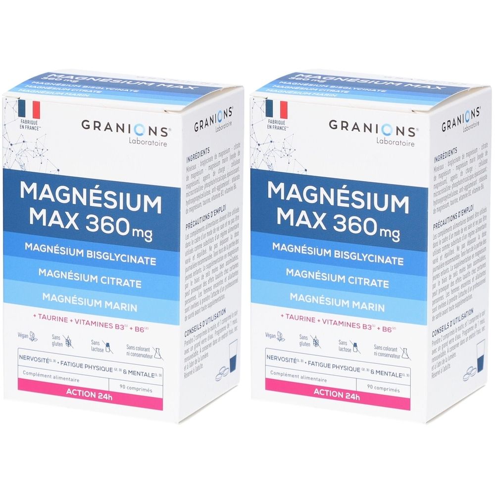 Deux boîtes de Magnésium Max GRANIONS. Emballage blanc avec texte bleu. Contient du bisglycinate, citrate et marin de magnésium.