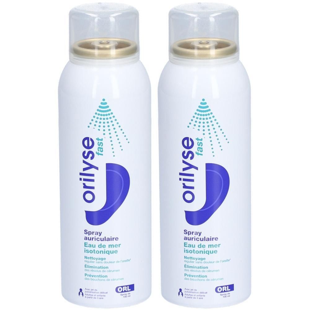 Deux flacons spray blancs avec bouchons transparents. Inscription: orilyse fast, Spray auriculaire, Eau de mer isotonique.