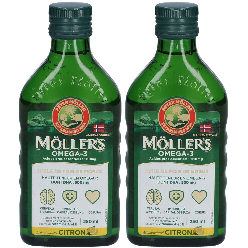 Deux flacons en verre vert Möller's Omega-3. Inscription: Huile de Foie de Morue, Omega-3, DHA 500mg. Arôme citron.