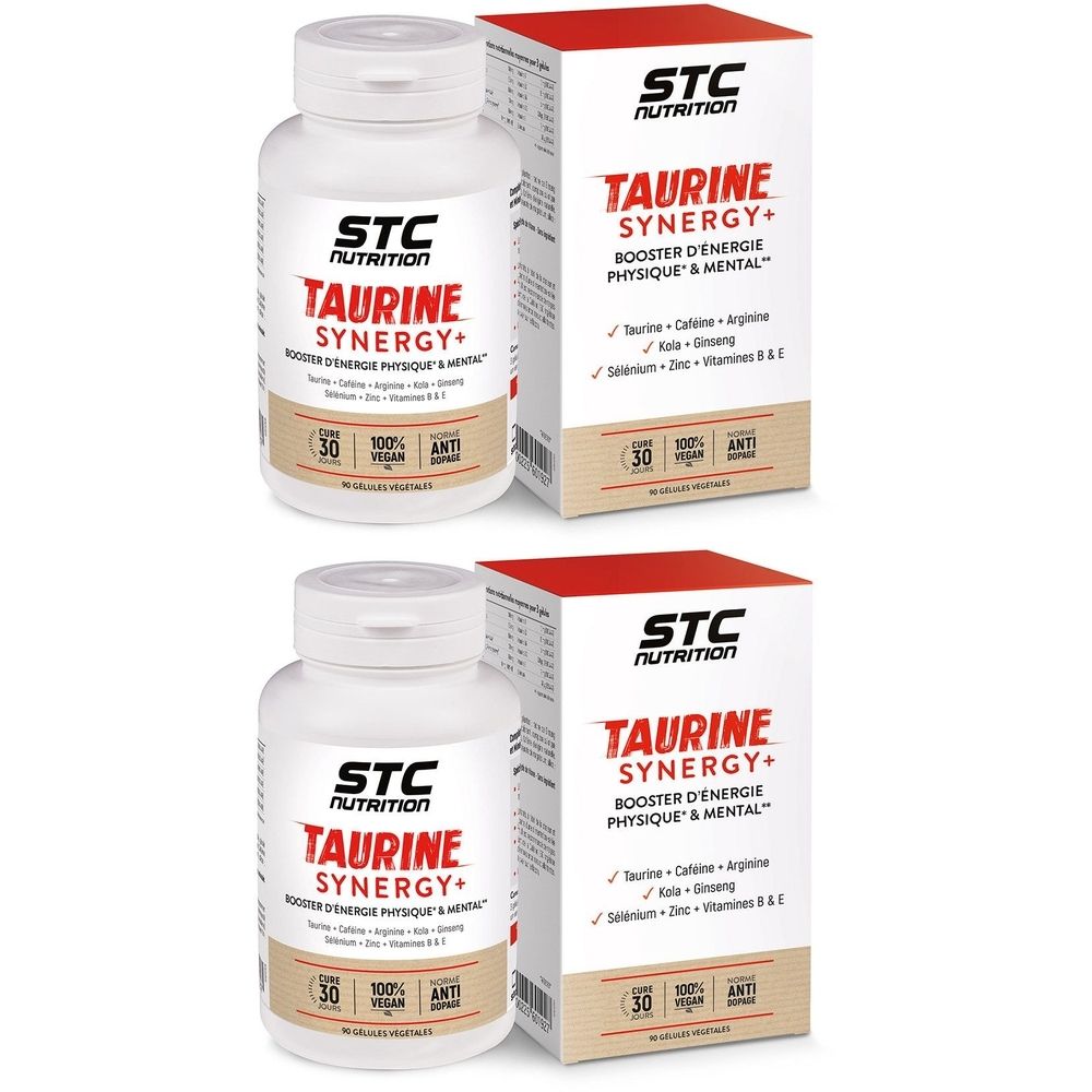 Deux flacons et boîtes blancs STC Nutrition Taurine Synergy+. Inscription: Booster d'énergie physique & mental. 30 gélules.