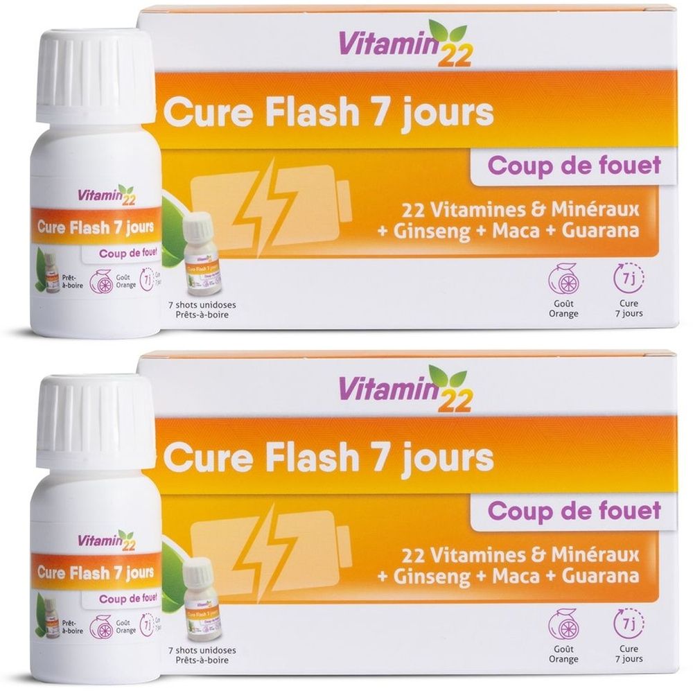 Deux boîtes de Vitamin 22 Cure Flash 7 jours. Une bouteille et une boîte avec des informations sur le produit. Texte: 22 Vitamines & Minéraux.