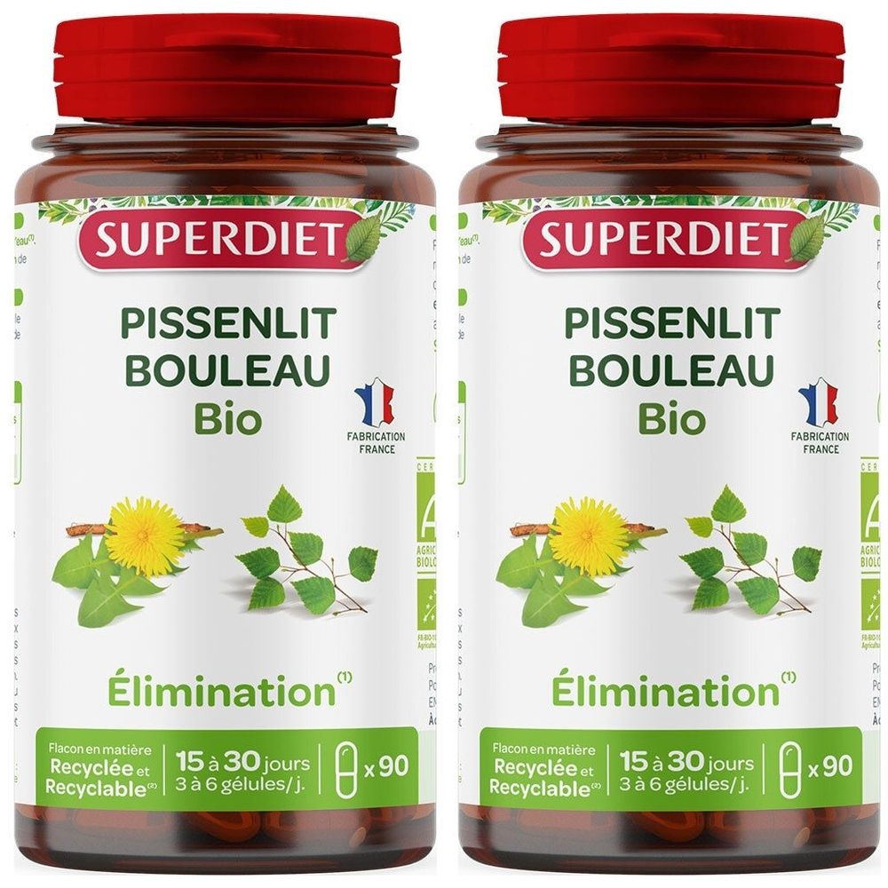 Deux flacons de gélules. Inscription: PISSENLIT BOULEAU Bio, SUPERDIET. Fabrication française. 90 gélules. Flacon recyclable.
