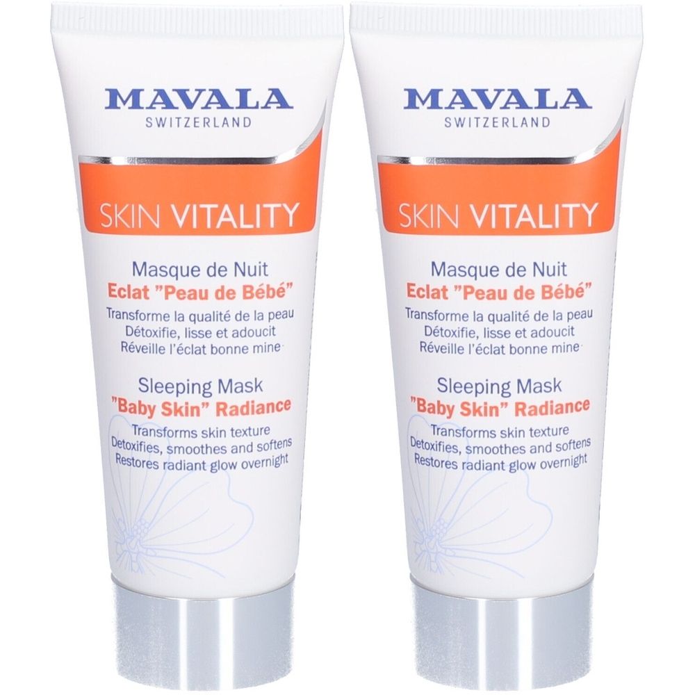 Deux tubes de masque de nuit Mavala Skin Vitality. Tubes blancs avec bande orange et texte bleu. Texte: Skin Vitality, Masque de Nuit, Sleeping Mask.
