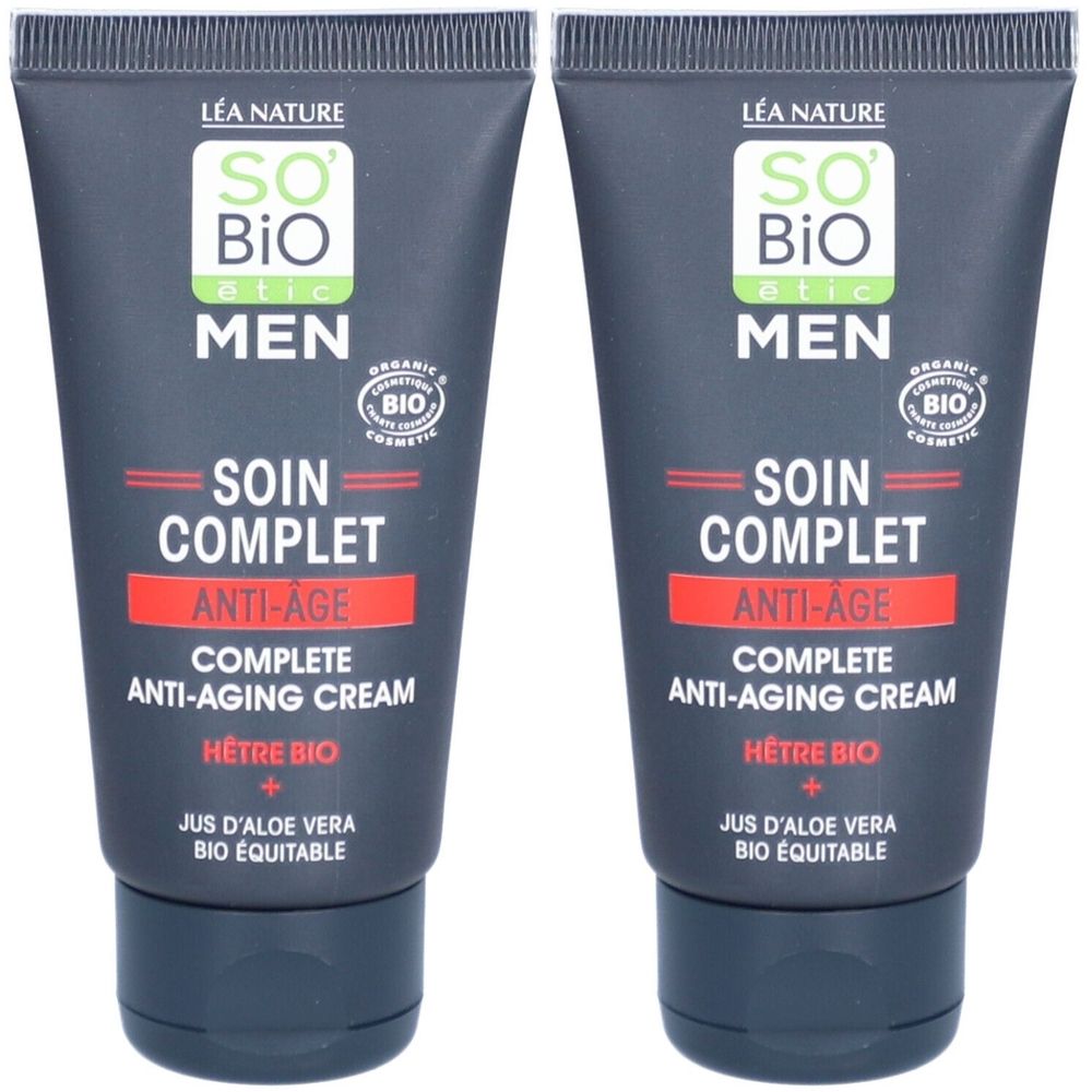 Deux tubes de crème Soin Complet Anti-Âge pour hommes. Tubes gris foncé avec texte blanc. Certification bio.