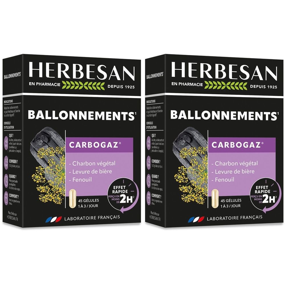 Deux boîtes de Herbesan Carbogaz. Emballage noir avec nom du produit et ingrédients. Contient 45 gélules.